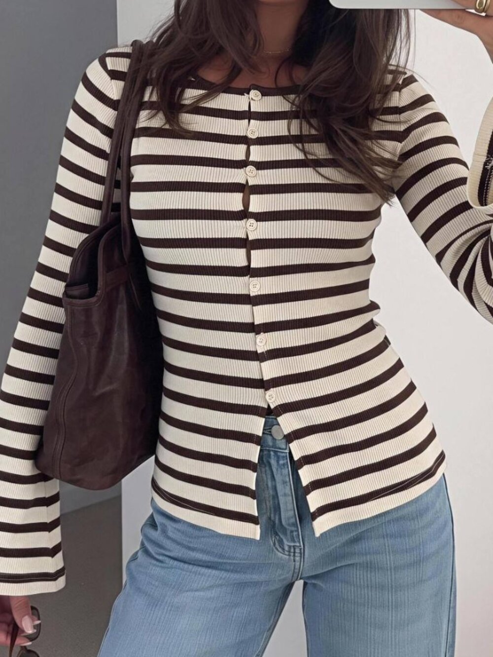 Brown Casual Women's Striped Flare-Sleeve T-Shirt